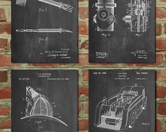 Firefighter Patent Poster Group of 4, Firefighter Wife, Fireman Gift, Fireman Axe, Firefighter Helmet, Firetruck, Hydrant, PP1182