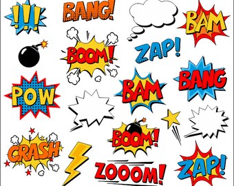 Superhero Clipart Comic Book Clip Art Comic Text Speech Bubbles - Boom, Zap, Bang, Bam, Crash, Pow Sounds Sayings - YDC132
