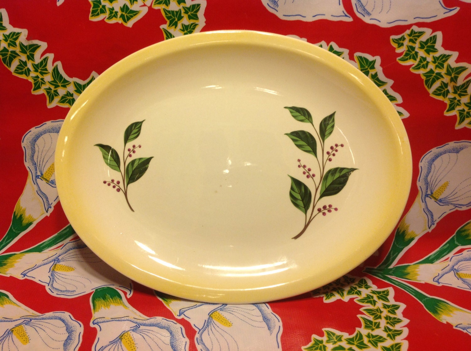 Vintage Paden City Pottery ceramic platter with leaf designs
