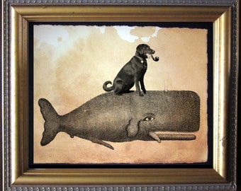 Labrador Retriever Chocolate Lab Riding Whale - Vintage Collage Art Print on Tea Stained Paper - Vintage Art Print