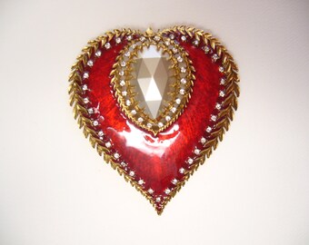Generous Heart Brooch, Red Enamel, Pearl and Crystal