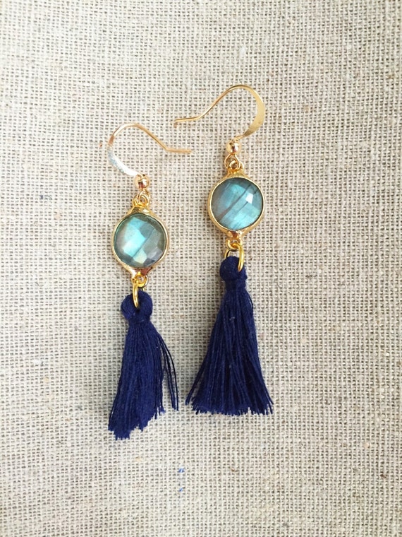Items similar to Navy Tassel Earrings Suspended from Circle Labradorite ...