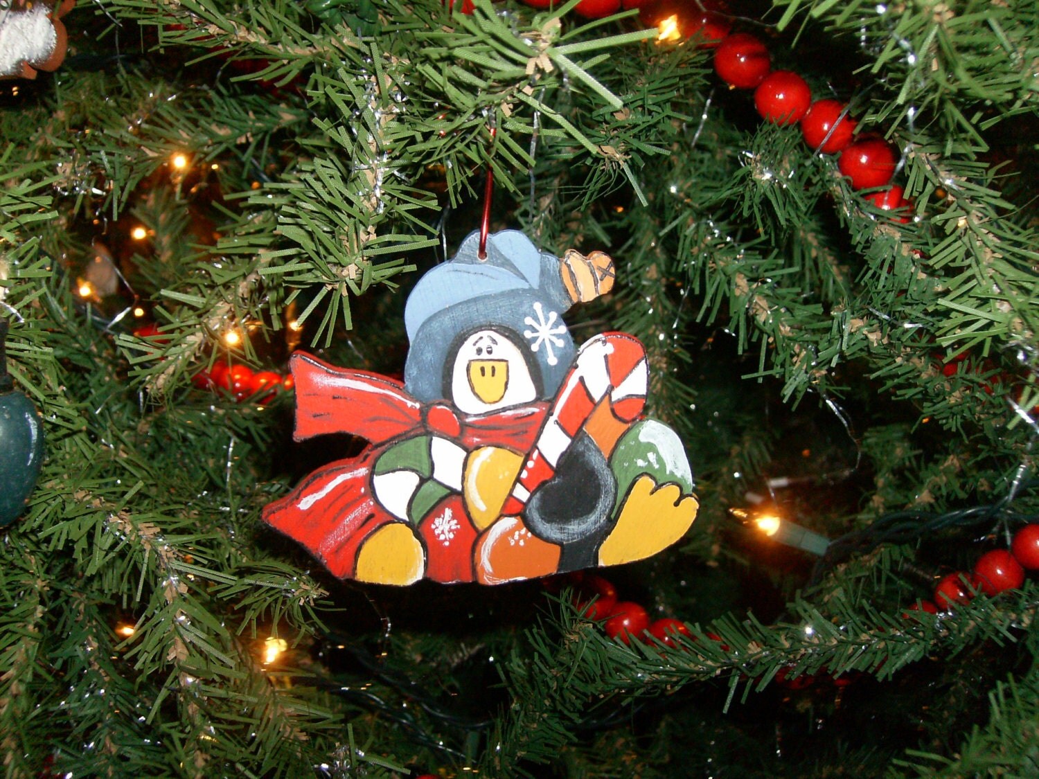 Tis the Season Penguin with Candy Christmas Ornament, Solid Wood, Handmade, Hand Painted