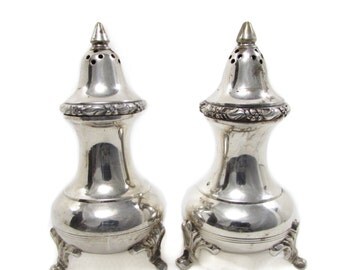 Patinated Ornate Silver Plate Footed Salt and Pepper Shaker Set Floral India