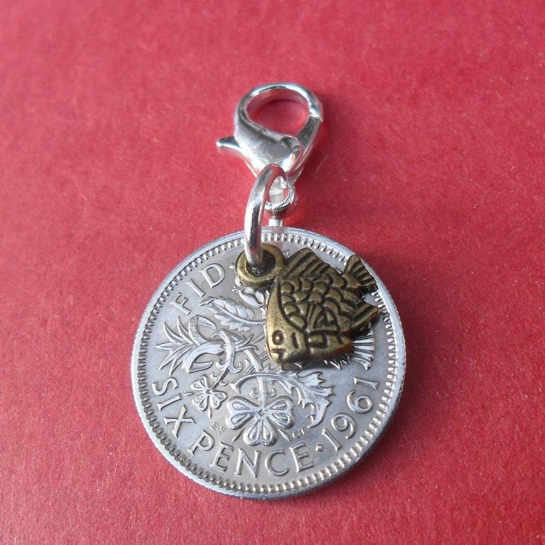 Gift for a man Fishing lucky silver sixpence charm good luck