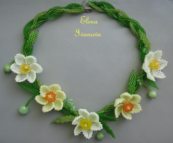 necklace narcissus, flower beaded exclusive handmade bib necklace 