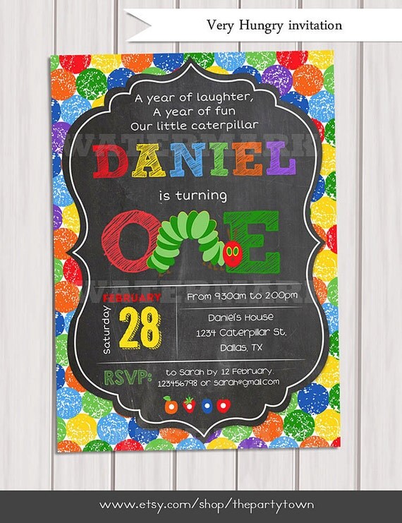 Very Hungry Caterpillar invitation, Chalkboard invite, 1st birthday, For Age One, Personalized Printable Il_570xn