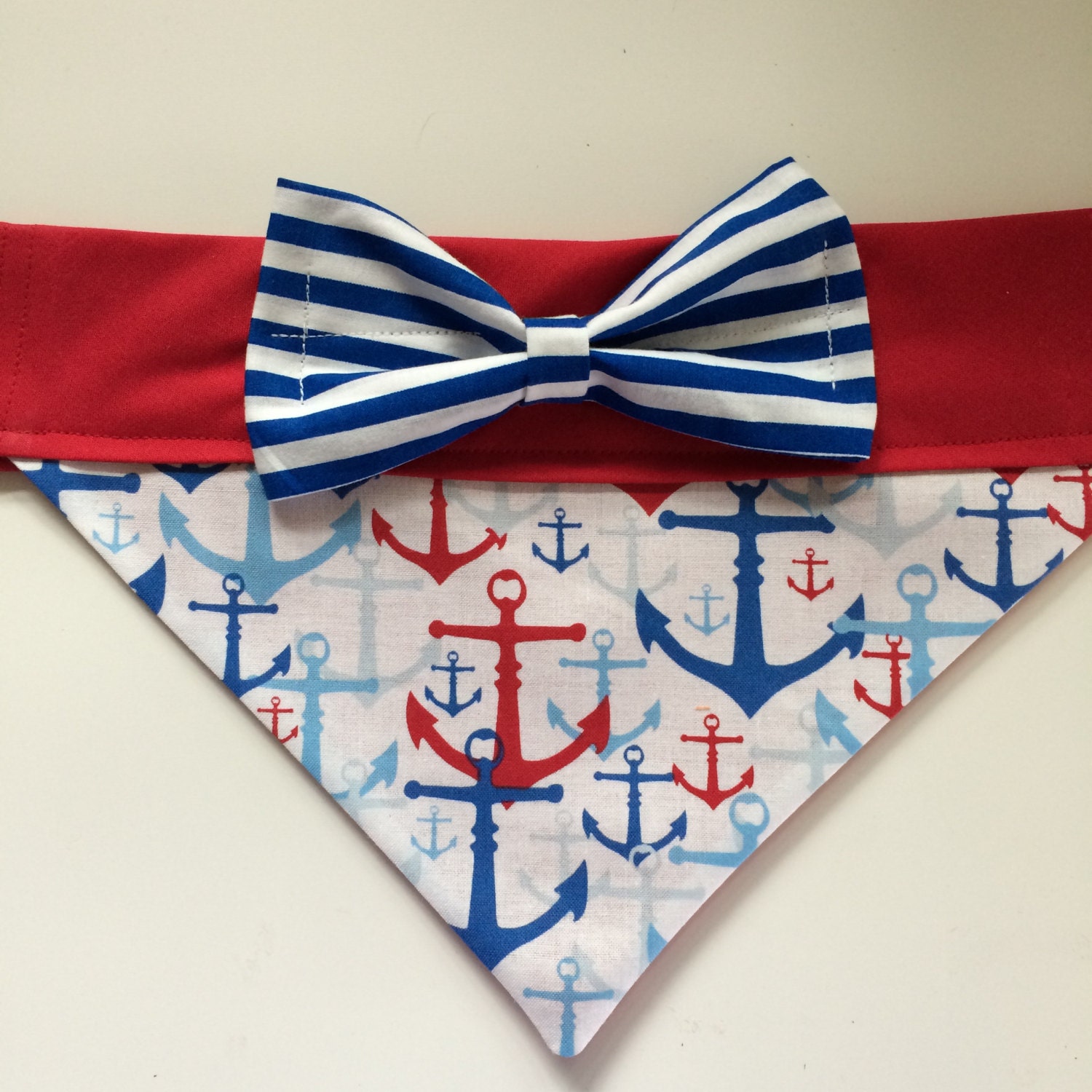 Dog Bandana Red and Blue Anchor Print with Striped Bow