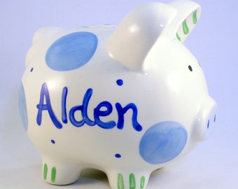 Personalized Piggy Bank - Boy Piggy Banks Personalized - Ceramic Piggy Bank - Blue Polkadot Baby Boy - New Baby Gift - Hand Painted Ceramic