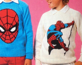 Spiderman knitting pattern sweaters for children and adults dk or 4 ply intarsia charts vintage character knitting