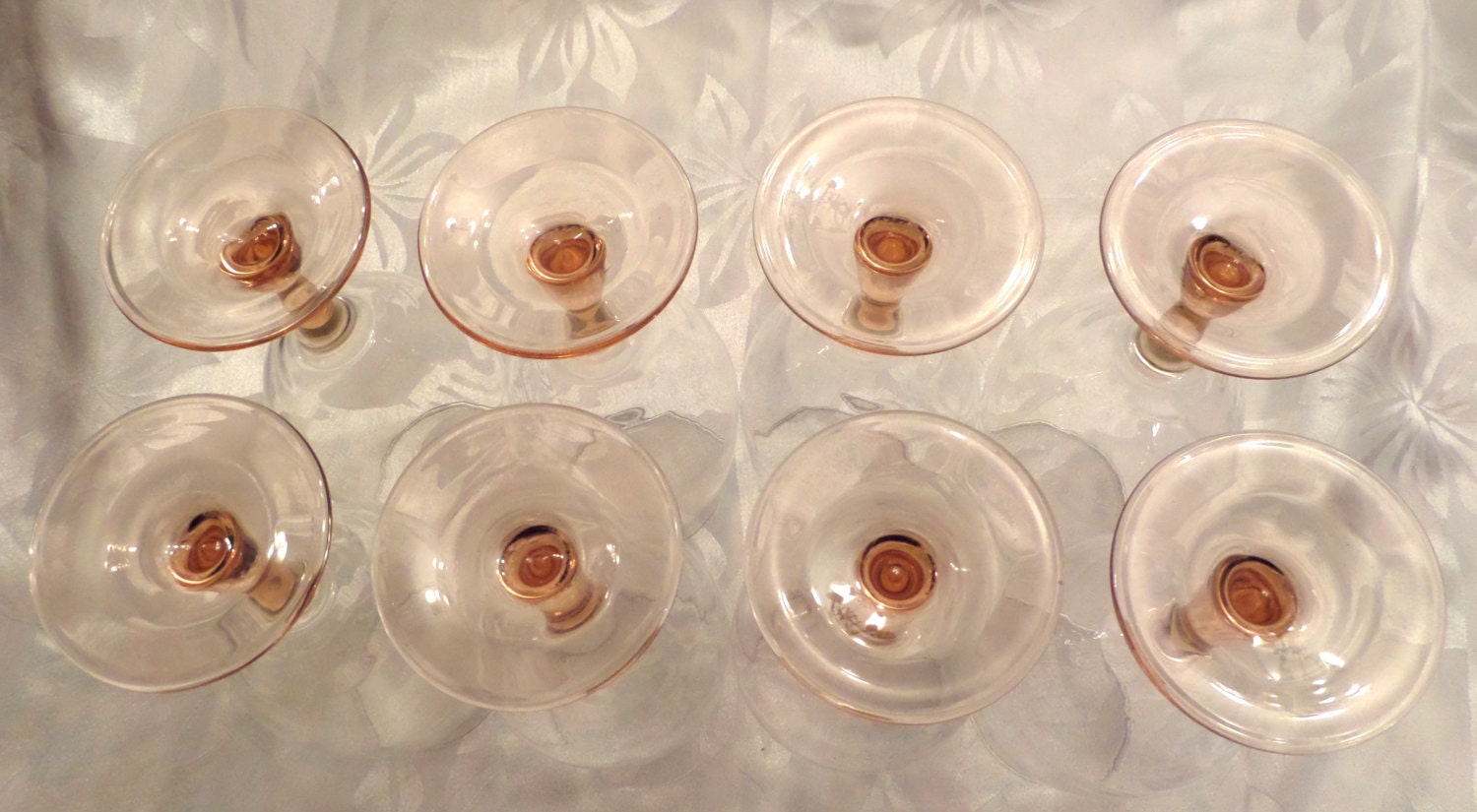 8 Vintage Stemware Wine Glasses Peach Pink Blush Color White