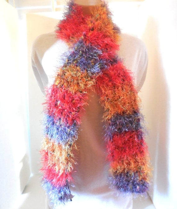 Fun Fur Scarf Red Gold Lavender Crochet Neckscarf Rainbow