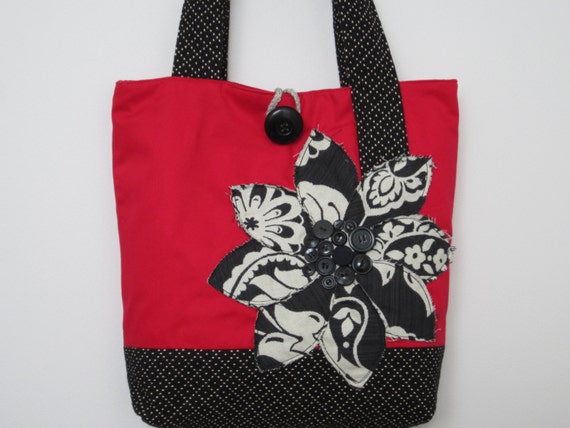 Red and Black Womens Tote Bag Handmade Fabric Bag Large Tote