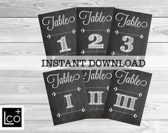 Printable Table Numbers, 5 x 7 Wedding Table Numbers, Chalkboard Wedding Table Numbers, Printable Chalkboard Table Numbers, Roman Numeral