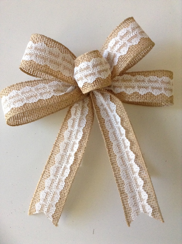 Burlap and white lace bows set of 10 handmade by CraftsbyBeba