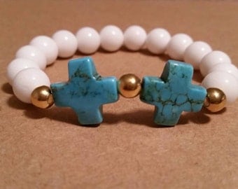 Turquoise Crosses and White Jade Bracelet