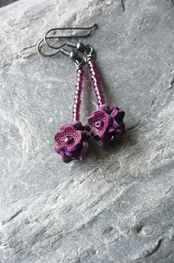 Purple leather flower drop earrings