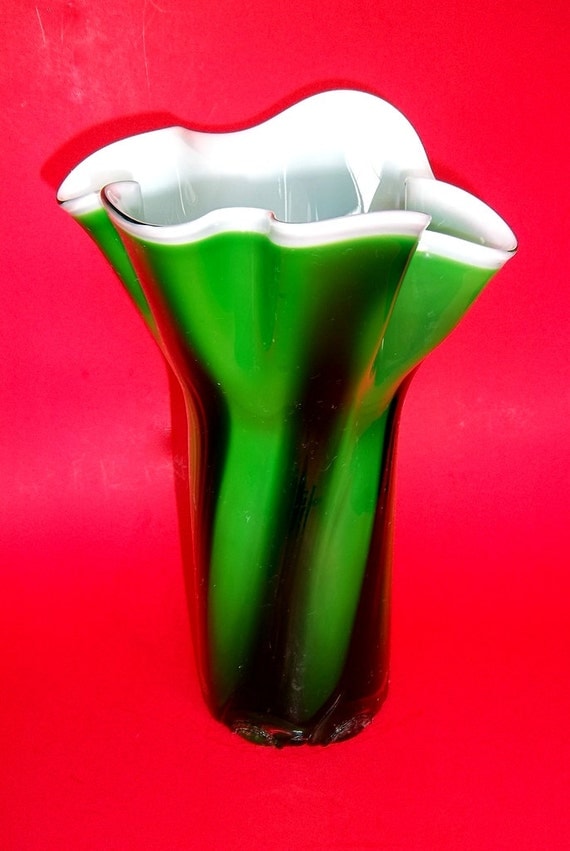Fluted ART GLASS VASE Green White Opaque Interior Hand Blown