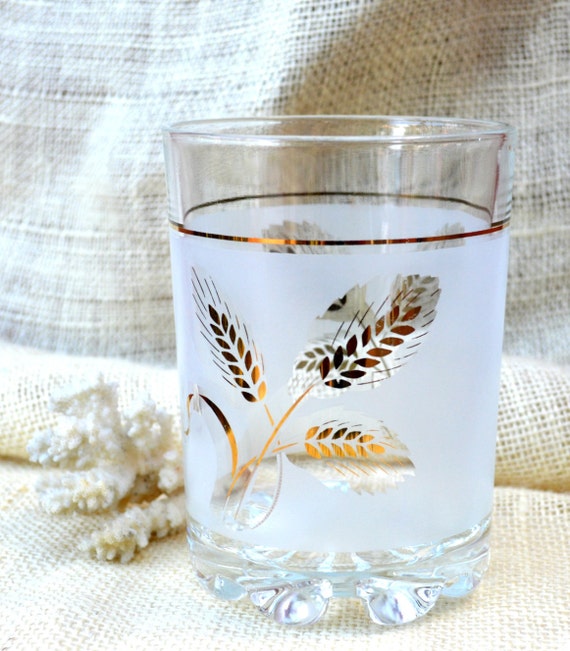 Frosted Ice Bucket Gold Leaf Wheat Pattern // Vintage Glass ice bucket