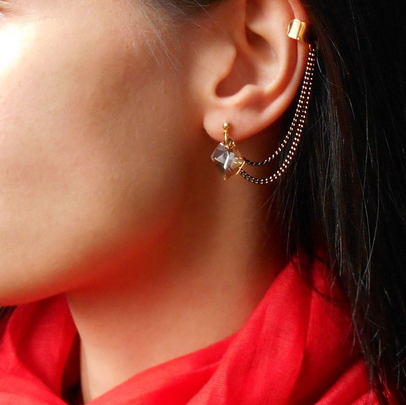 Crystal Ear Cuff Earrings Chain cuff earrings Gold by Maleena09