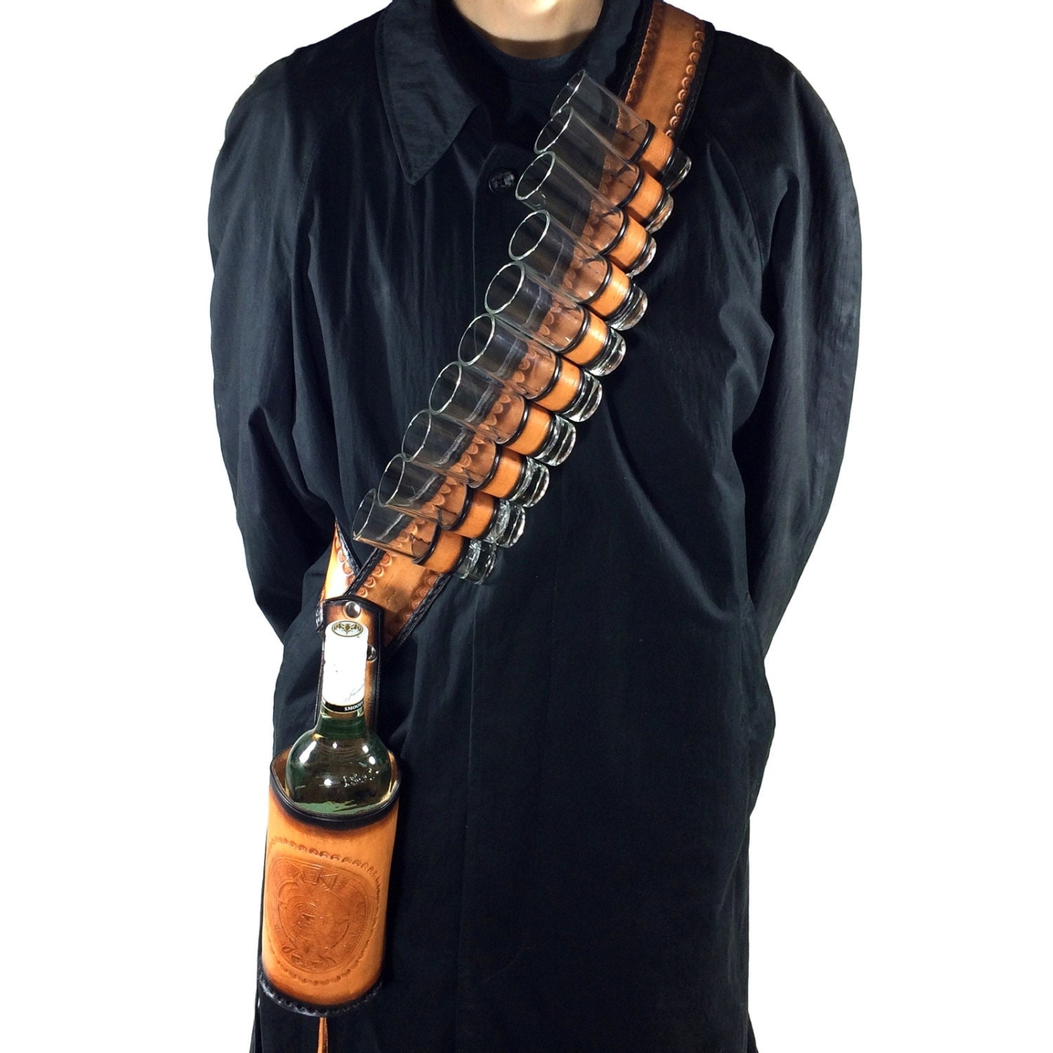 Mexican Leather Shot Glass Gunslinger&#39;s Bandolier Belt