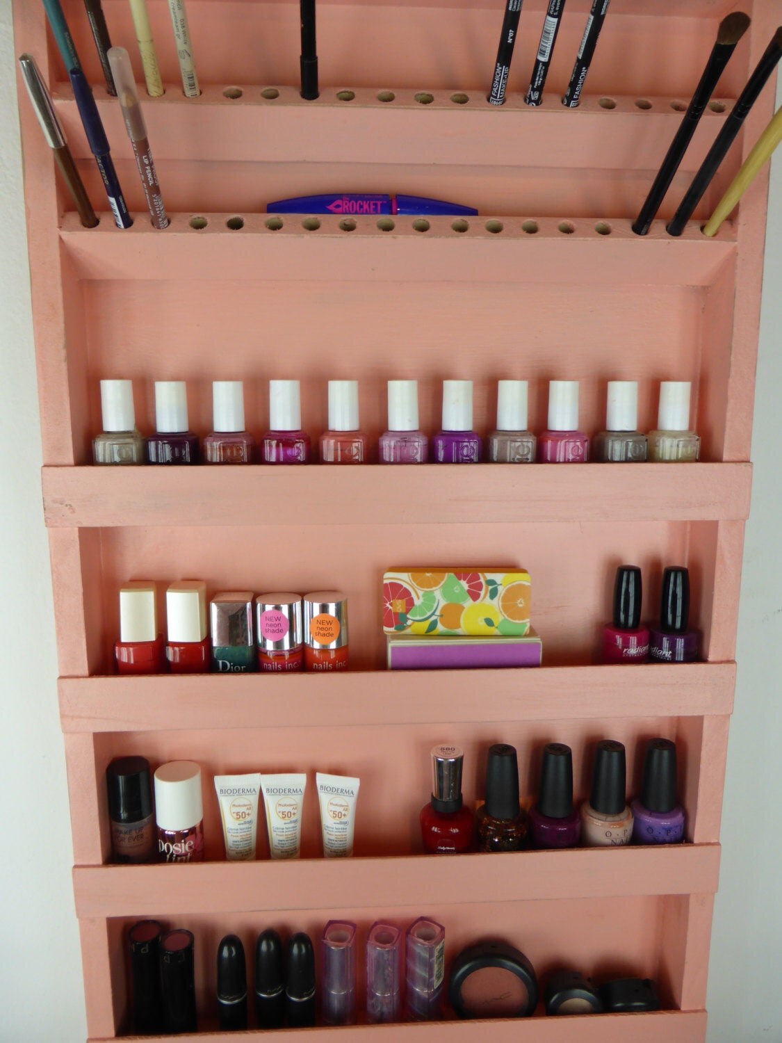 Coral pink Nail polish rack Makeup organizer Bathroom