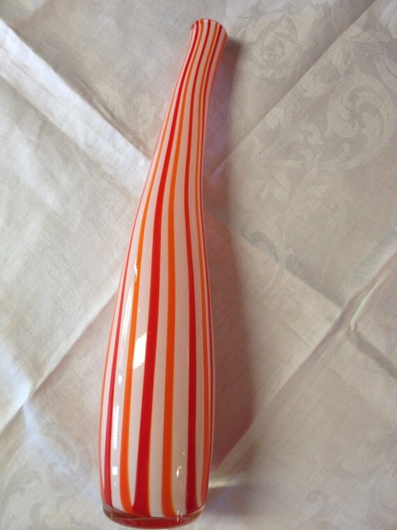Vintage Art Glass Vase Orange and Red stripes
