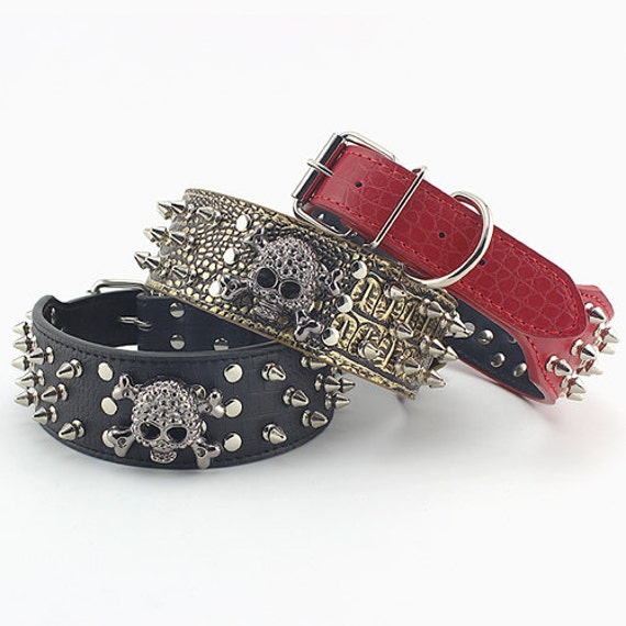 Spiked Studded Skull Dog Collar Leather Collars Fit by Vagaol