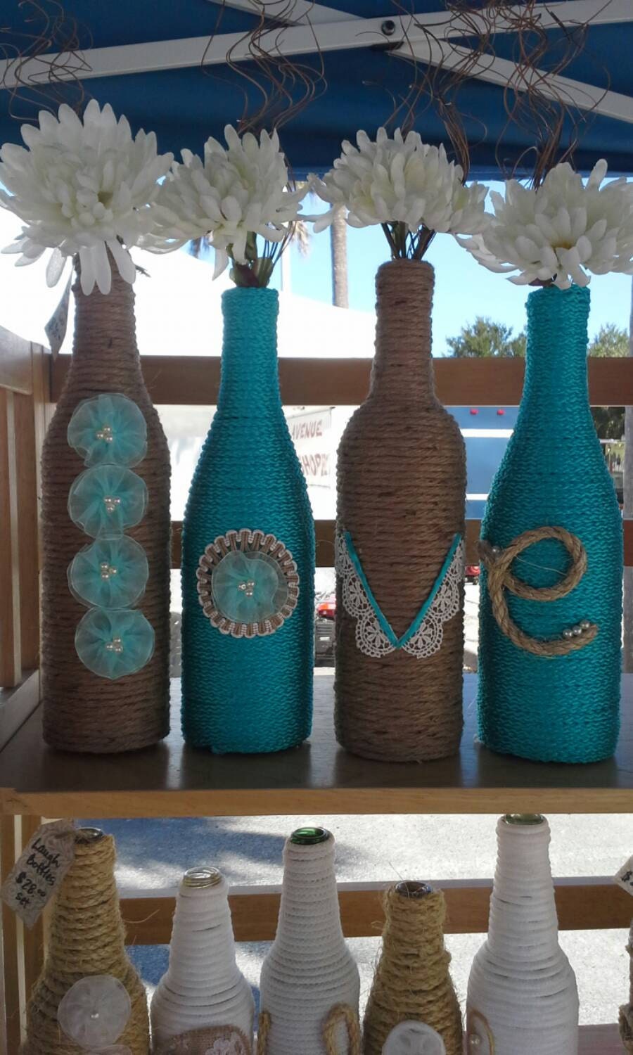 Upcycled Wine Bottles wrapped in twine and rope LOVE design.