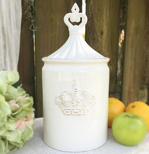 Ceramic Storage or cookie Jar embossed with crown detail and