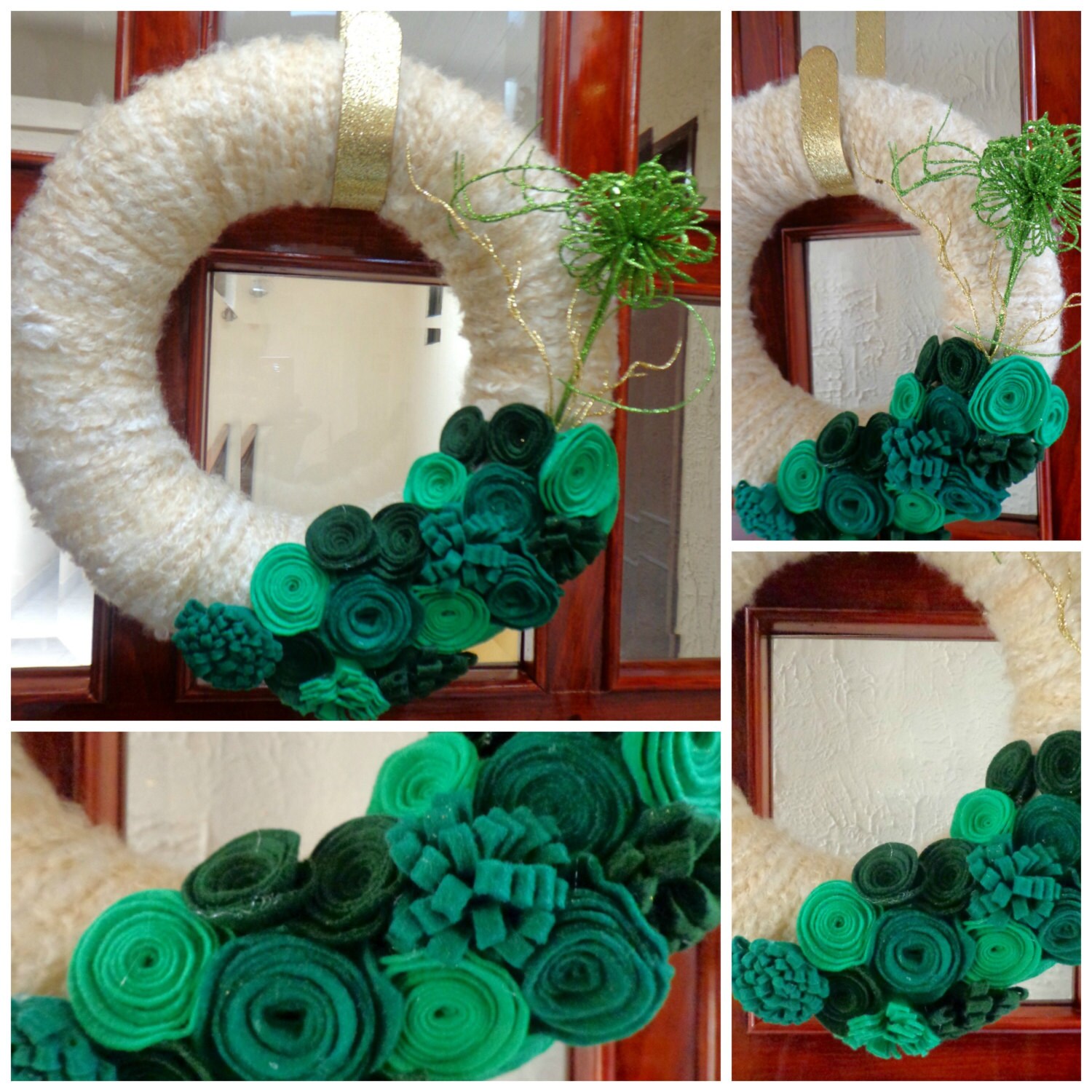 ChristmasWreath-13 inch-Ivory Yarn Wrapped Wreath with Green Felt Flowers with green flower and gold sticks accent. Wreath