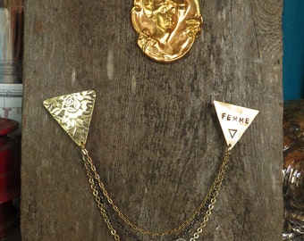 FEMME collar chains, with hand-stamped brass triangles