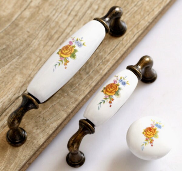96 128 mm gelb blume weiß möbel griffe schubladen griff Küche Knöpfe Antik ~ 96 128 mm gelb blume weiß möbel griffe schubladen griff
