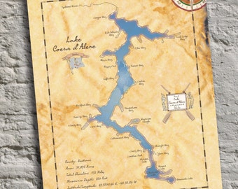 Lake Coeur d'Alene, Idaho Vintage Inspired Lake Map Print. Handmade and Personalizable Lake Art and Cottage Decor. Great Housewarming Gift!