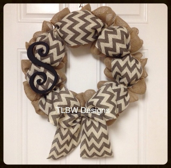 Items Similar To Chevron Burlap Wreath With Large Monogram- Initial ...