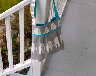 Diaper bag in grey elephant and teal. medium/large, deluxe bag with o rings for stroller