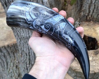 Viking DRINKING HORN with SLEIPNIR Horse of Odin Norse Mythology Horns Carved Norse Nordic Souvenirs Accessory Sca Living History Celtic