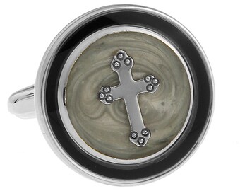 Round Silver and Black with Grey Religious Cross Cufflinks Cuff Links