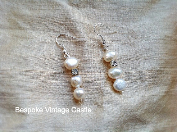 Pearl earrings wedding pearls crystal by BespokeVintageCastle