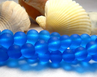8mm Capri Blue Sea Glass Beads, Sea glass Beads, Blue Round Beads, Capri Blue Beads, Frosted Blue Beads, 8mm Matte Blue Beads D-E40