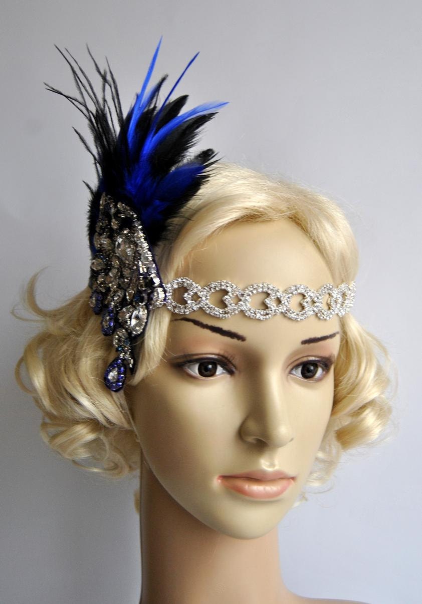 Splendor navy blue 1920s Rhinestone headband by BlueSkyHorizons
