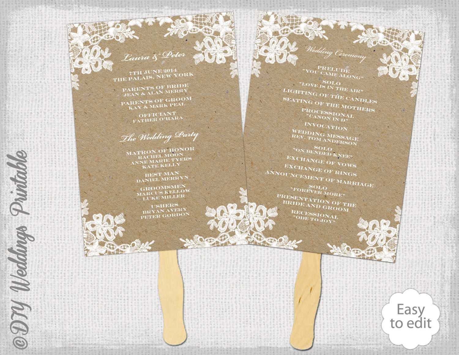 Rustic Wedding Fan Program Template Rustic Lace