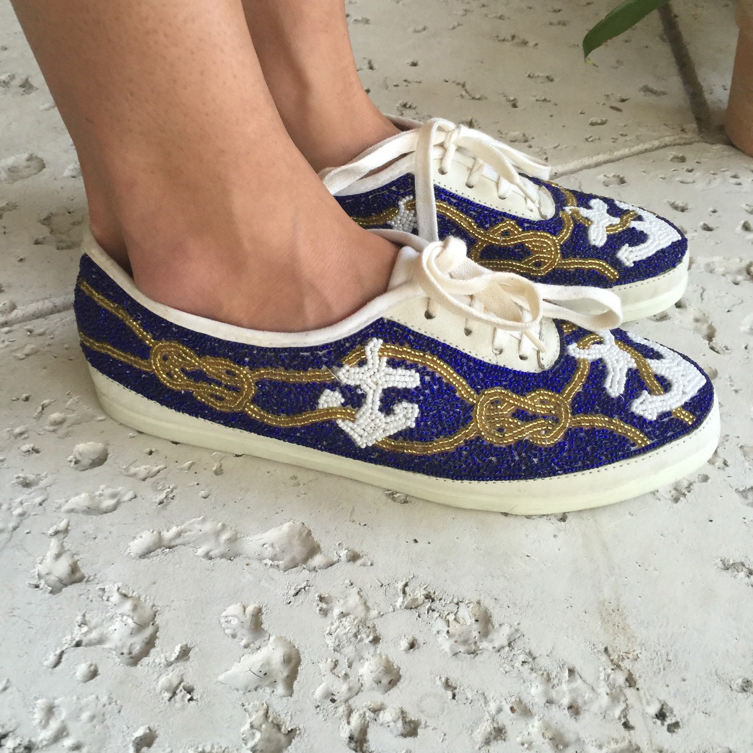 White Leather Nautical Beaded Tennis Shoe by FengSway on Etsy