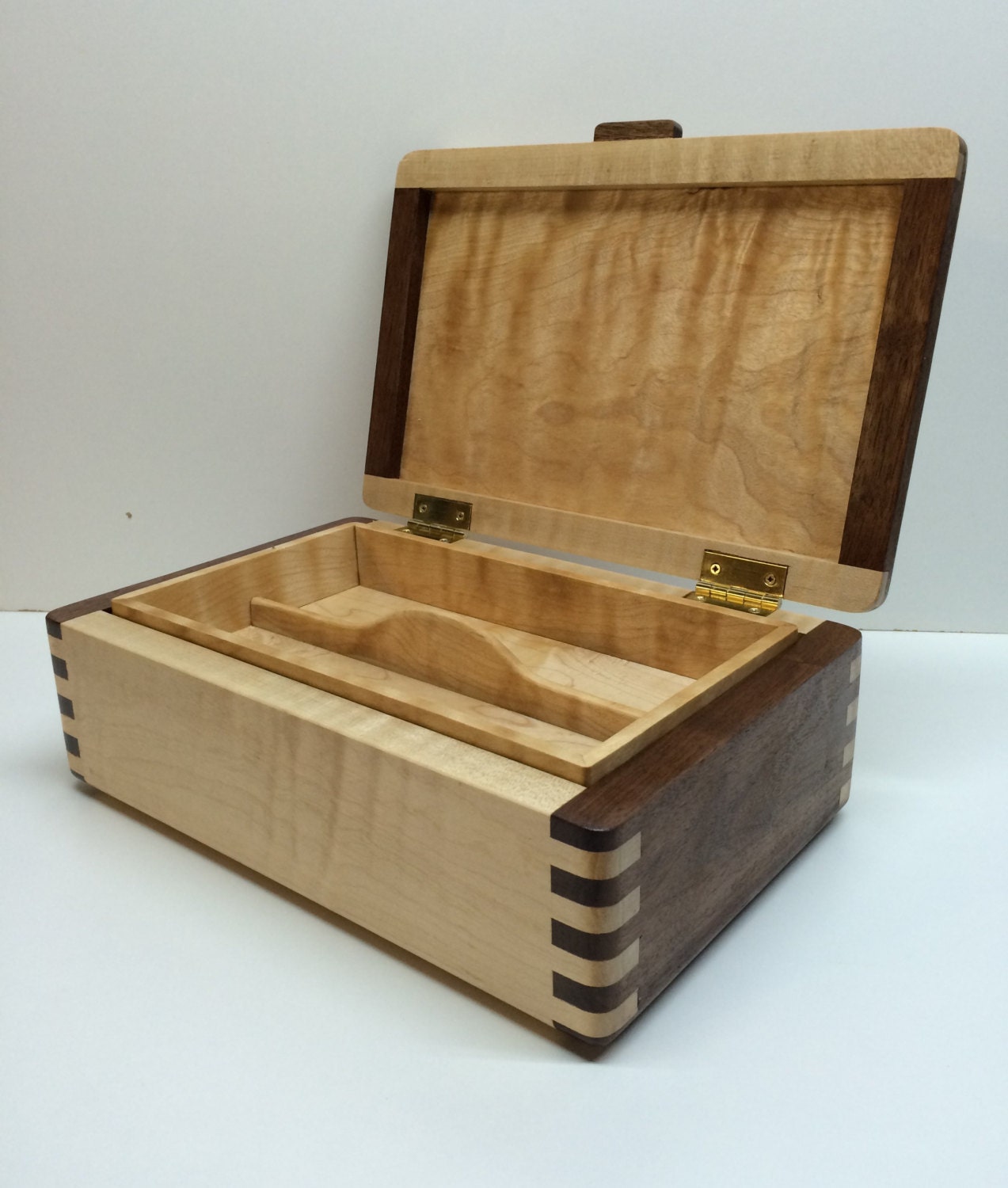 Curly maple and walnut finger joint jewelry box with curly