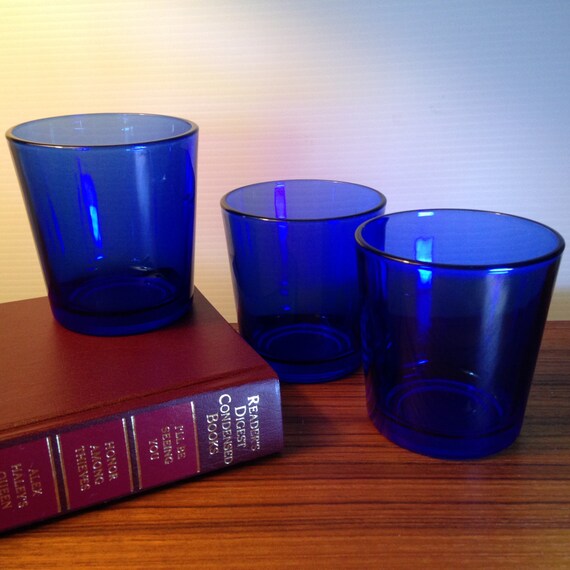 Three vintage Libbey cobalt blue double old fashioned glasses