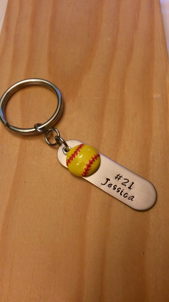 Hand Stamped softball keychain softball by BlackWolfDesigns21
