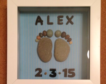 Personalized baby boy gift/Baby Feet Prints/ Baby Keepsake/ Baby Shower Gift/ Pebble Art/ Baby Blue/ shadowbox/ unique gift