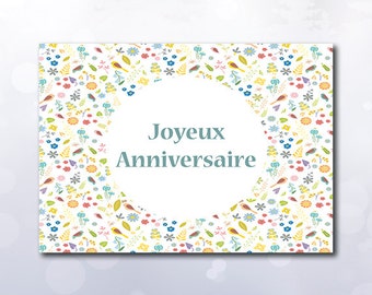 Instant Download Printable Joyeux Anniversaire card bird yellow flower mint green peach image folded card PDF JPG french text Happy birthday