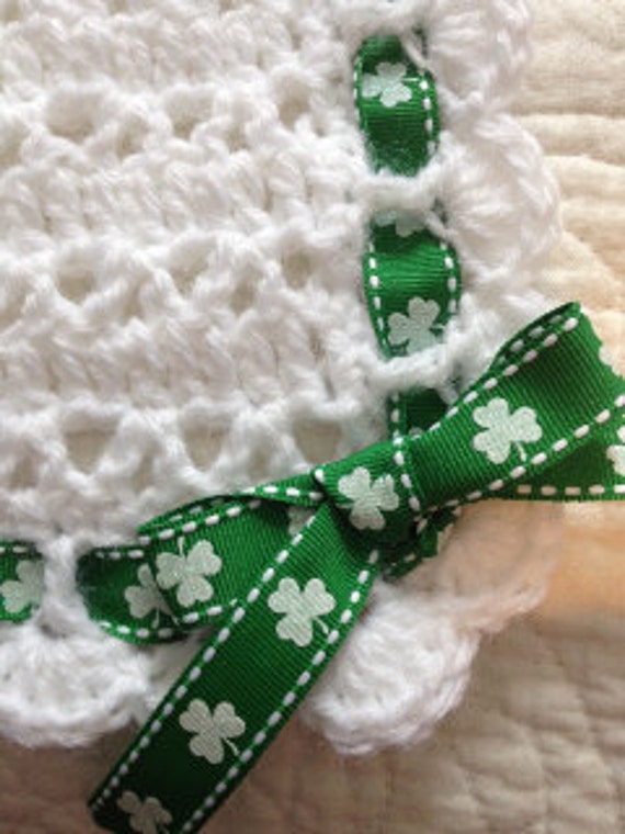Irish Baby Blanket. White Crocheted Baby Afghan with Shamrocks