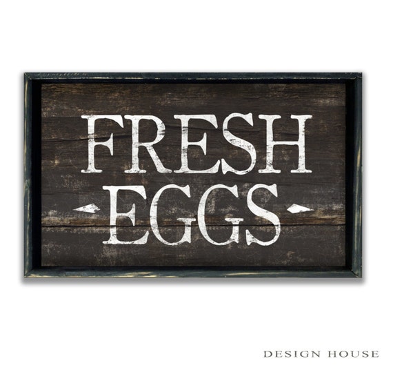 Wooden handmade Fresh Eggs sign framed in wood. Farmhouse